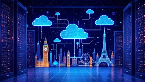 Modern it department servers cloud icons london landmarks cloud ai uk