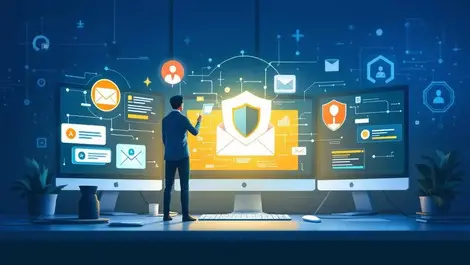 Nighttime cybersecurity ops center email alerts ai shield scene