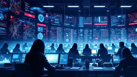 Night data center control room cyber attack alerts cinematic