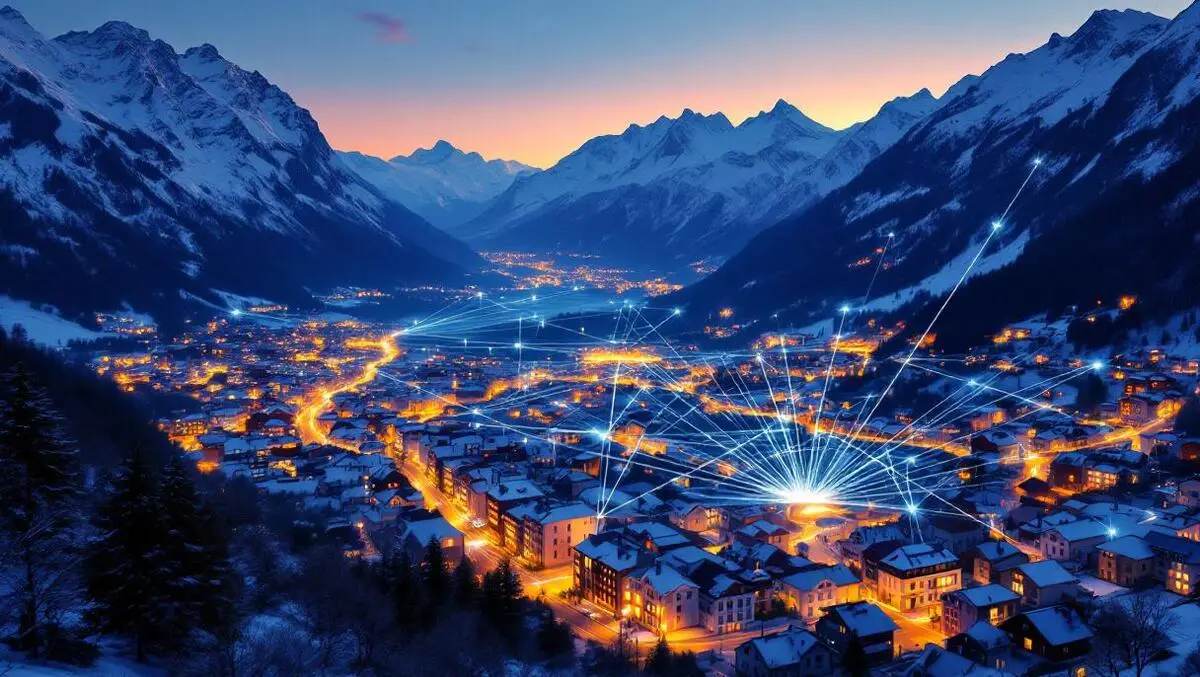 Liechtenstein dusk aerial town alpine internet cable network scene