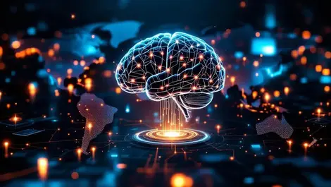 Cinematic ai brain circuitry over glowing world map cyber competitions