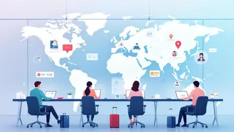 Global business operations hub interconnected teams hr finance map